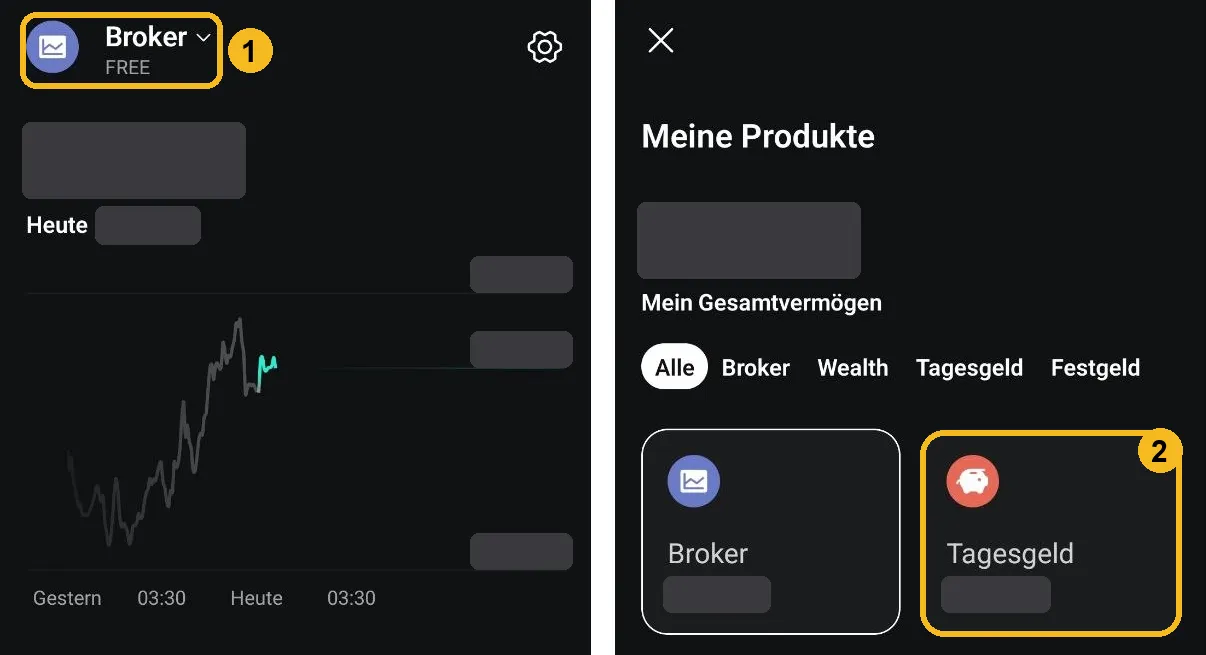 Scalable Capital App: Wechsel vom Broker zum Tagesgeld über Meine Produkte