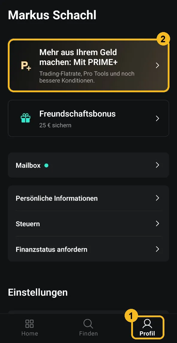 Scalable Capital App: Profil mit der Karte zum Wechsel auf PRIME+