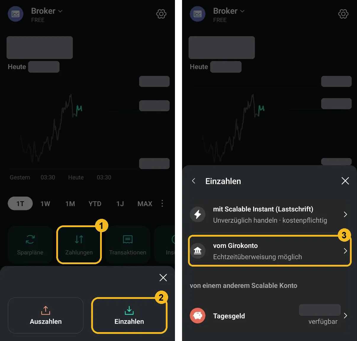 Scalable Capital App: Zahlungen, Einzahlen und Auswahl der Einzahlungsart
