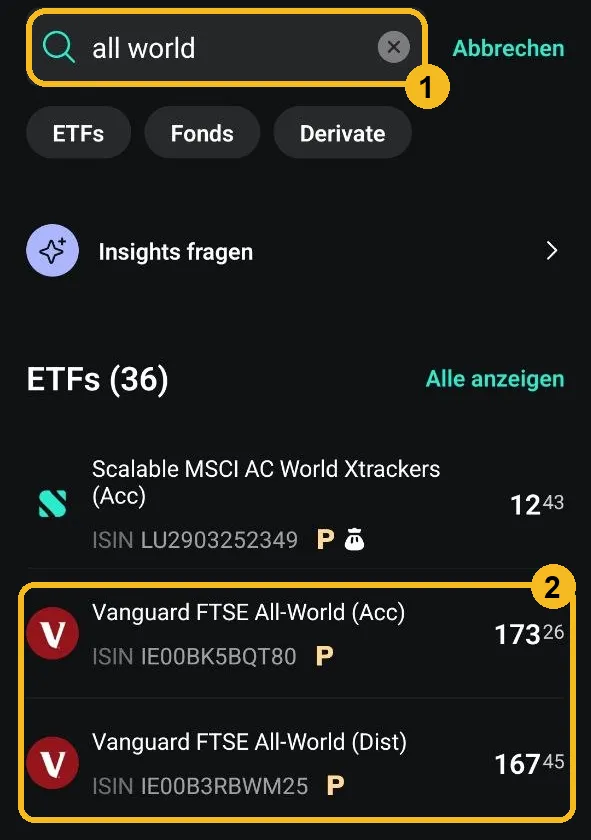 Scalable Capital App: Suche nach all world mit zwei fast gleichnamigen Vanguard-ETFs