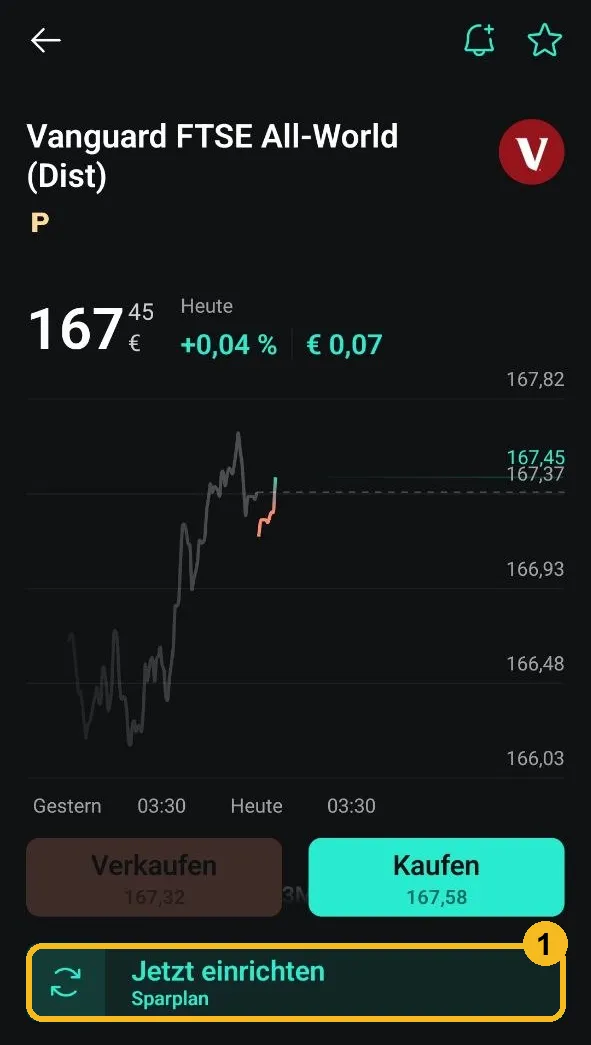 Scalable Capital App: ETF-Detailseite mit dem Knopf Sparplan einrichten