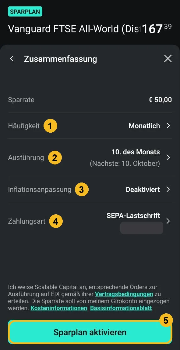 Scalable Capital App: Zusammenfassung des Sparplans mit allen Einstellungen