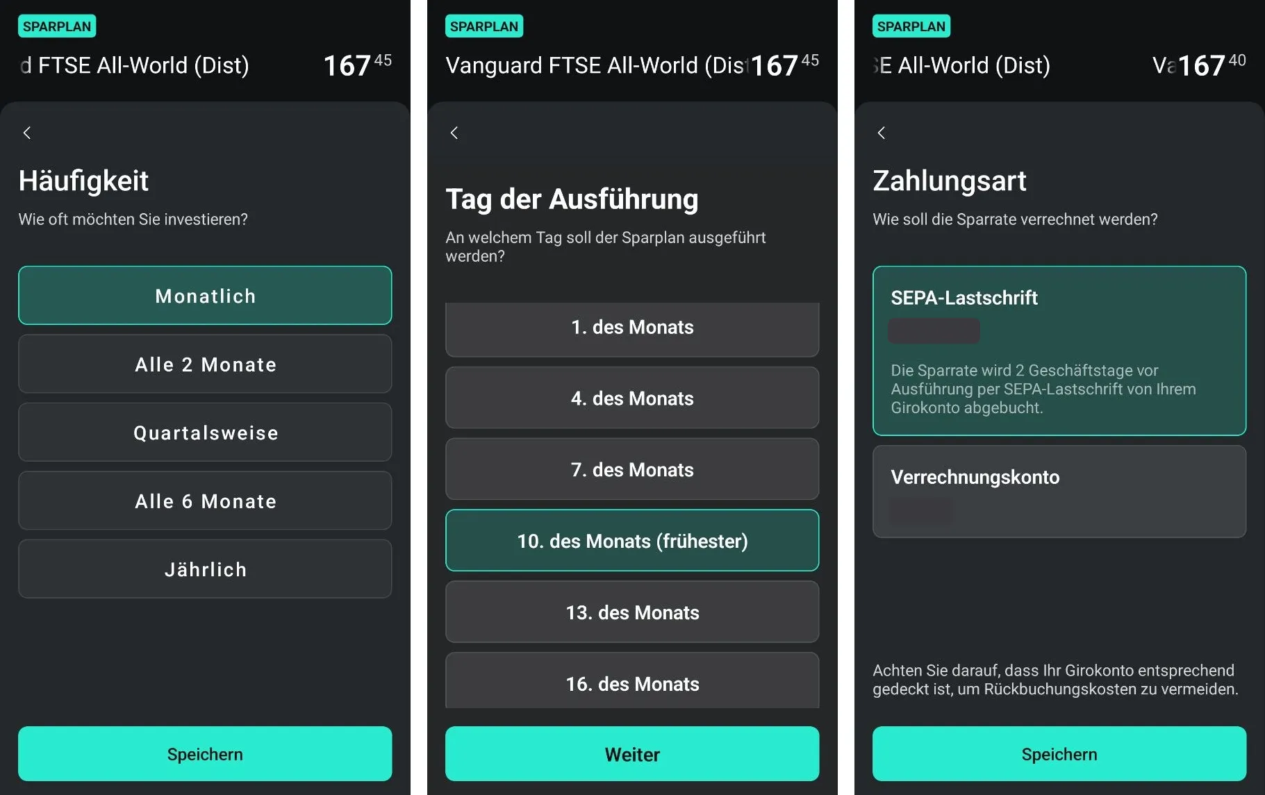 Scalable Capital App: Auswahl von Häufigkeit, Ausführungstag und Zahlungsart