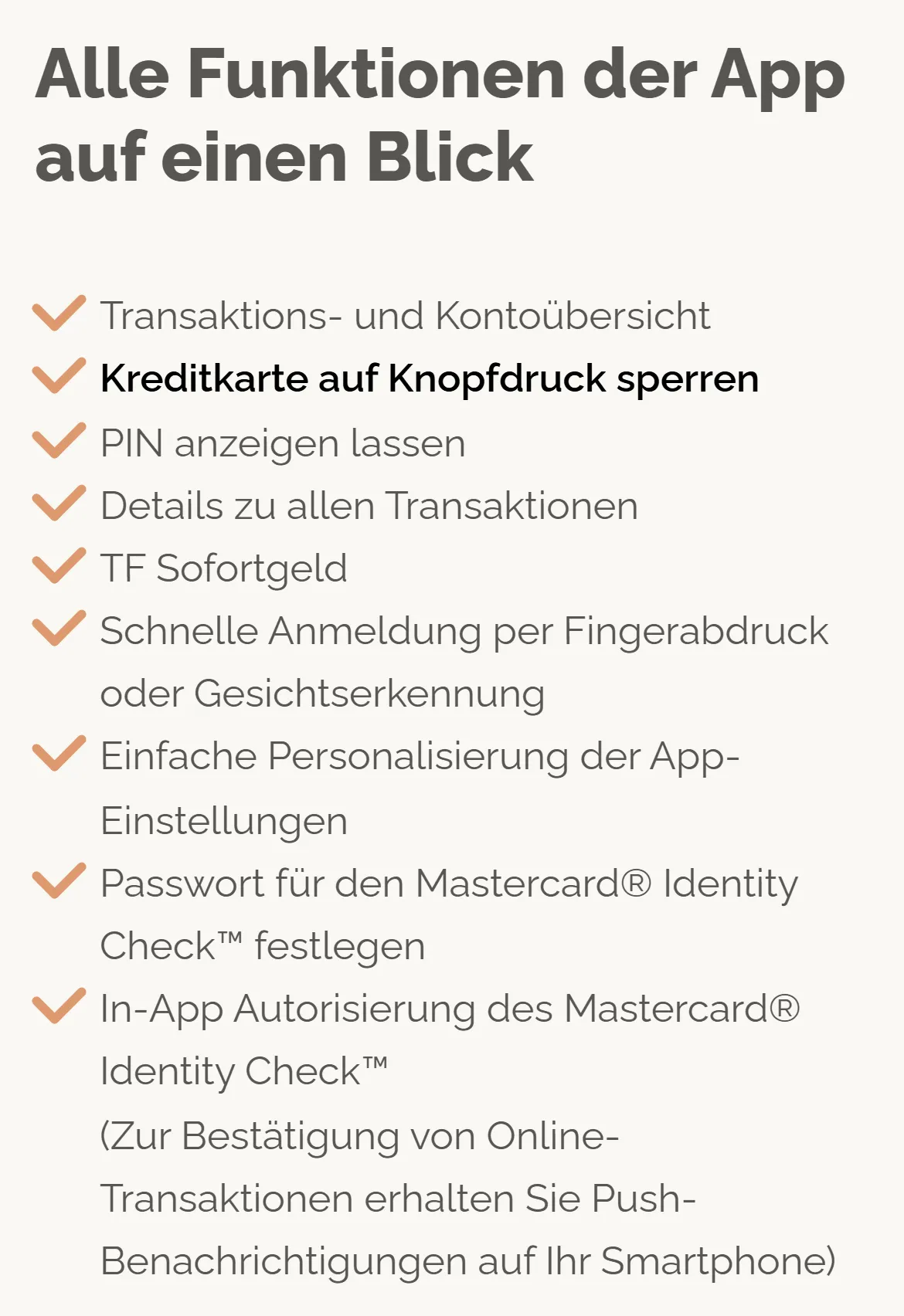 tfbank.at am Handy: Funktionen der TF Bank Mobile App, darunter Kontoübersicht, Karte sperren, PIN anzeigen, TF Sofortgeld und Freigabe von Online-Zahlungen