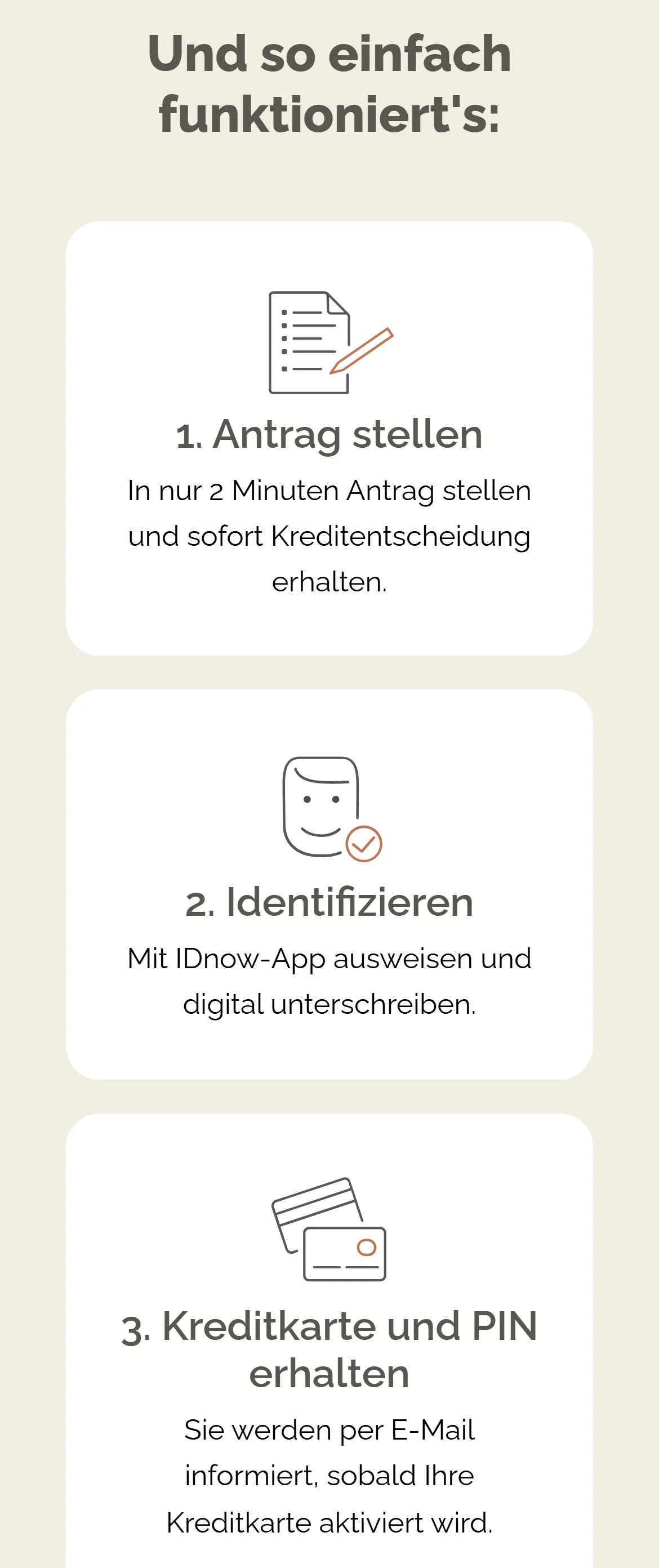 tfbank.at am Handy: Drei Schritte, Antrag stellen, mit IDnow identifizieren und digital unterschreiben, Kreditkarte und PIN erhalten