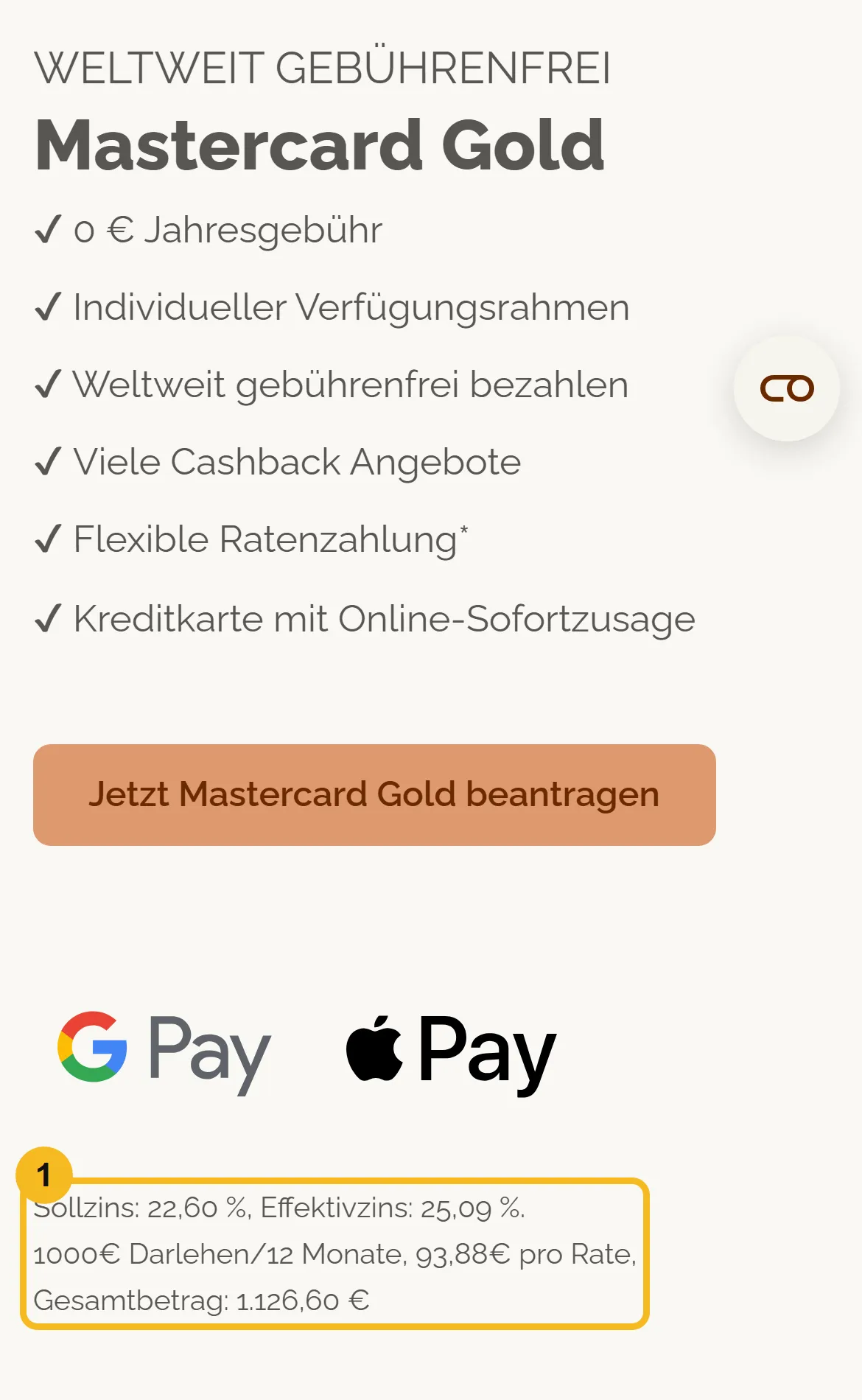tfbank.at am Handy: Produktseite der Mastercard Gold mit Vorteilsliste, Knopf „Jetzt Mastercard Gold beantragen” und markiertem Zinsbeispiel mit 25,09 % Effektivzins