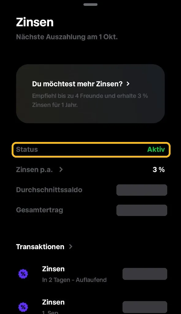 Trade Republic Zinsen-Screen mit Status Aktiv
