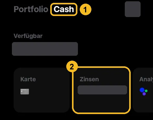 Trade Republic Cash-Übersicht mit der Kachel Zinsen