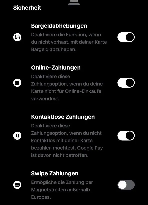 Trade Republic Sicherheitseinstellungen der Karte