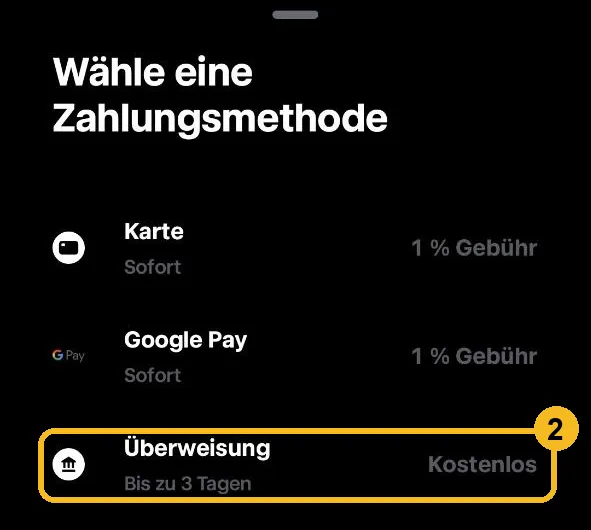 Trade Republic Auswahl der Zahlungsmethode beim Einzahlen