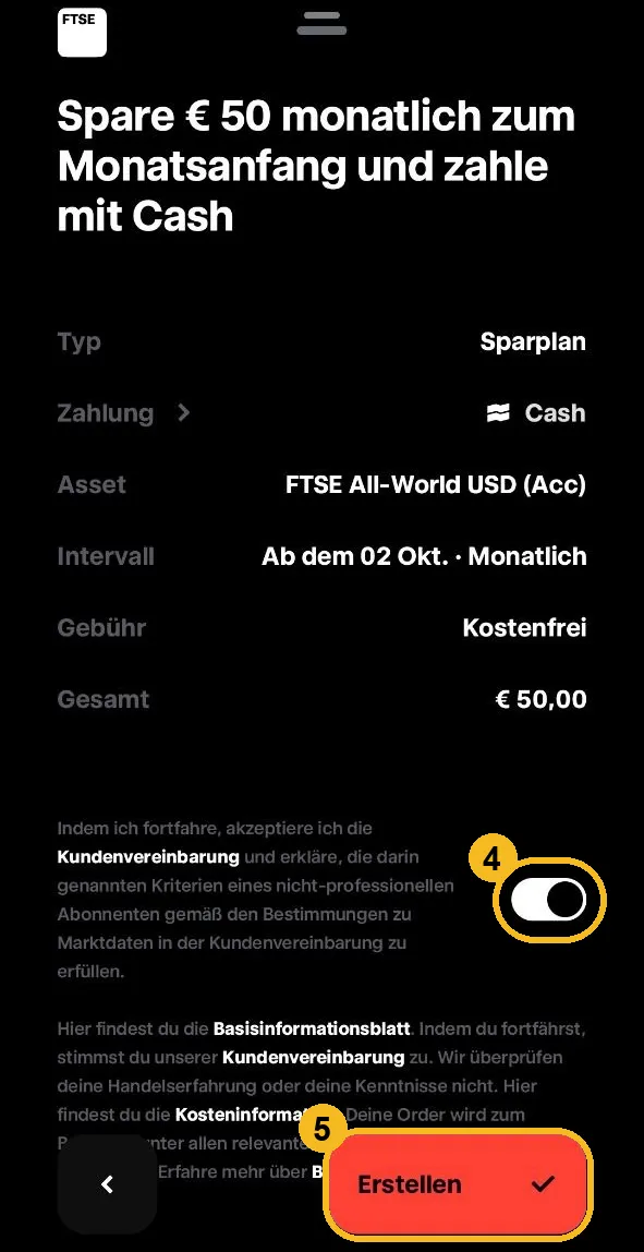 Trade Republic Sparplan-Zusammenfassung mit Schalter und Erstellen-Knopf