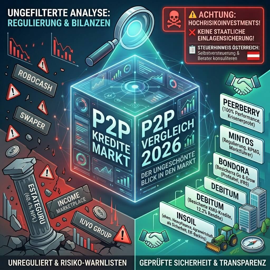 P2P Kredite Vergleich 2026: Analytische Gegenüberstellung von unregulierten Hochrisiko-Plattformen auf Warnlisten und lizenzierten Anbietern mit testierten Bilanzen.